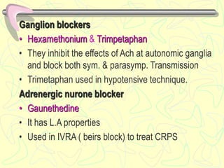 Ganglion blockers
• Hexamethonium & Trimpetaphan
• They inhibit the effects of Ach at autonomic ganglia
and block both sym. & parasymp. Transmission
• Trimetaphan used in hypotensive technique.
Adrenergic nurone blocker
• Gaunethedine
• It has L.A properties
• Used in IVRA ( beirs block) to treat CRPS
 