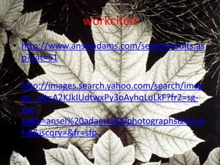 workcited
• http://www.anseladams.com/searchresults.as
  p?cat=51

• http://images.search.yahoo.com/search/imag
  es;_ylt=A2KJkIUdtwxPy3oAyhqLuLkF?fr2=sg-
  gac-
  sy&p=ansel%20adams%20photographs&ei=ut
  f-8&iscqry=&fr=sfp
 