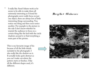 •    I really like Ansel Adams work as he
     seems to be able to make them all
     extremely interesting as I found his          Stre ng ths & We akne sse s
     photographs never really focus on just
     one object, there are always lots of little
     interesting things surrounding. You
     notice one thing and then soon notice
     another. For example in the picture to
     the side I don’t know whether he
     wanted the audience to focus on a
     certain thing like the leaf with the circle
     shadows around it or find everything a
     main part of the picture.


    This is my favourite image of his
    because of all the little details
    included in the photograph. I
    also really like the shadow on it.
    It actually looks quite abstract as
    you can’t make out where the
    pattern starts or finishes. I like
    all the different shapes used, it’s
    different.
 