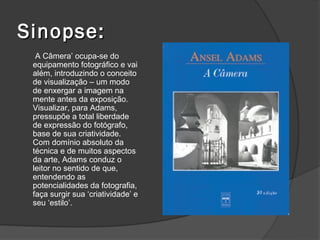 Sinopse:
  A Câmera’ ocupa-se do
 equipamento fotográfico e vai
 além, introduzindo o conceito
 de visualização – um modo
 de enxergar a imagem na
 mente antes da exposição.
 Visualizar, para Adams,
 pressupõe a total liberdade
 de expressão do fotógrafo,
 base de sua criatividade.
 Com domínio absoluto da
 técnica e de muitos aspectos
 da arte, Adams conduz o
 leitor no sentido de que,
 entendendo as
 potencialidades da fotografia,
 faça surgir sua ‘criatividade’ e
 seu ‘estilo’.
 