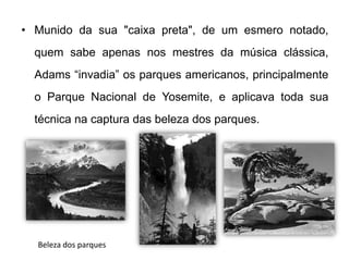 • Munido da sua "caixa preta", de um esmero notado,
  quem sabe apenas nos mestres da música clássica,
  Adams “invadia” os parques americanos, principalmente
  o Parque Nacional de Yosemite, e aplicava toda sua
  técnica na captura das beleza dos parques.




  Beleza dos parques
 