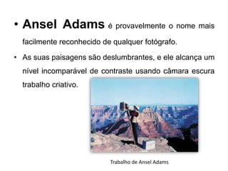 • Ansel Adams é provavelmente o nome mais
  facilmente reconhecido de qualquer fotógrafo.

• As suas paisagens são deslumbrantes, e ele alcança um
  nível incomparável de contraste usando câmara escura
  trabalho criativo.




                           Trabalho de Ansel Adams
 