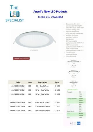 Ansell’s New LED Products
Freska LED Downlight
Code Lamp Description Price
LFAFRLED125/CW LED 9W—Cool White £20.30
LFAFRLED170/CW LED 12W—Cool White £24.50
LFAFRLED230/CW LED 18W—Cool White £30.03
LFAFRLED125/WW LED 9W—Warm White £20.30
LFAFRLED170/WW LED 12W—Warm White £24.50
LFAFRLED230/WW LED 18W—Warm White £30.03
 