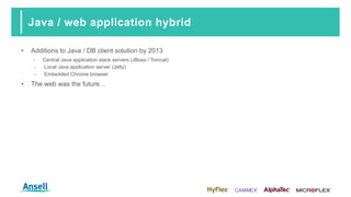 Java / web application hybrid
• Additions to Java / DB client solution by 2013
‑ Central Java application stack servers (JBoss / Tomcat)
‑ Local Java application server (Jetty)
‑ Embedded Chrome browser
• The web was the future…
 