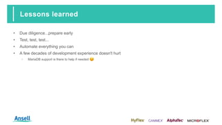 Lessons learned
• Due diligence...prepare early
• Test, test, test...
• Automate everything you can
• A few decades of development experience doesn't hurt
‑ MariaDB support is there to help if needed ☺
 