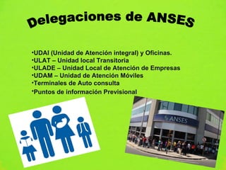•UDAI (Unidad de Atención integral) y Oficinas.
•ULAT – Unidad local Transitoria
•ULADE – Unidad Local de Atención de Empresas
•UDAM – Unidad de Atención Móviles
•Terminales de Auto consulta
•Puntos de información Previsional
 