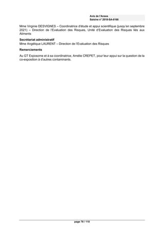 Avis de l’Anses
Saisine n° 2018-SA-0166
page 76 / 110
Mme Virginie DESVIGNES – Coordinatrice d'étude et appui scientifique (jusqu’en septembre
2021) – Direction de l’Evaluation des Risques, Unité d’Evaluation des Risques liés aux
Aliments
Secrétariat administratif
Mme Angélique LAURENT – Direction de l’Evaluation des Risques
Remerciements
Au GT Exposome et à sa coordinatrice, Amélie CREPET, pour leur appui sur la question de la
co-exposition à d’autres contaminants.
 