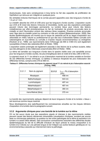 Anses •••• rapport d’expertise collective « LED » Saisine n°« 2008-SA-0408 »
Octobre 2010 page 92 / 282 Version finale
douloureuses, mais sans conséquences à long terme du fait des capacités de prolifération de
l’épithélium qui retrouve son intégrité en quelques jours.
De véritables brûlures thermiques de la cornée peuvent apparaître avec des longueurs d’onde de
1,4 µm à 1 mm.
Le cristallin absorbe les UVA et UVB ainsi que les longueurs d’onde courtes. L’exposition courte
aux UVA et B induit des lésions mineures et réversibles, tandis que des expositions prolongées
peuvent induire des dommages permanents. La lumière bleue peut induire des lésions
cristalliniennes par effet photodynamique du fait de l’activation de produits accumulés dans le
cristallin et dont l’illumination produit des radicaux libres oxygénés. D’autres produits accumulés
avec l’âge dans le cristallin jouent au contraire un rôle anti oxydant [Balasubramanian, 2000]. Des
études épidémiologiques ont montré que le risque de cataracte est lié au degré d’exposition aux
ultraviolets en milieu naturel ou professionnel et que des taux d’ultraviolets faibles cumulés sont
cataractogène en eux-mêmes ou cumulés à d’autres risques environnementaux ou endogènes
[Hockwin et al., 1999]. Les rayonnements dans l’infrarouge (de 800 à 3 000 nm) sont également
susceptibles d’induire des cataractes [Roh et Weiter, 1994].
L’exposition solaire prolongée est également associée à des lésions de la surface oculaire, telles
que des ptérygions et des mélanoses conjonctivales [Roh et Weiter, 1994].
La rétine est sensible aux longueurs d’onde dans le spectre visible avec une sensibilité accrue
pour les longueurs d’ondes courtes, les plus énergétiques dans le violet et le bleu (380 à 500 nm).
Le pigment visuel, le 11 cis retinal a un pic d’absorption maximal de la lumière variable en fonction
de ces différentes formes chimiques. Le tableau ci dessous récapitule les pics d’absorption des
différentes formes, compris entre 370 et 498 nm.
Tableau 8 : Différentes formes chimiques du pigment visuel 11 cis retinal et pic d’absorption associé
[Young, 1988]
3.3.1.1 Nom du pigment 3.3.1.2 λmax – Pic d’absorption
(nm)
Rhodopsin 498 nm
Bathorhodopsin 543 nm
Lumirhodopsin 497 nm
Metarhodopsin I 487 nm
Metarhodopsin II 380 nm
trans-Retinal (libre) 370 nm
La toxicité des rayonnements optiques dépend de leurs longueurs d’onde et la lumière « bleue »
est reconnue comme risque maximal.
Nous développerons plus spécifiquement les connaissances actuelles sur les risques rétiniens
d’exposition à la lumière dans le paragraphe suivant.
3.3.2 Arguments cliniques pour une toxicité de la lumière sur la rétine
S’il ne fait aucun doute que des expositions aiguës et intenses à des rayonnements visibles
peuvent causer des lésions rétiniennes irréversibles (visualisation d’éclipses, accident par source
laser ou microscope opératoire), la question du lien entre pathologies de la rétine et exposition à la
lumière n’a cessé d’être débattu. Des conclusions contradictoires ressortent des différentes études
épidémiologiques du fait de la difficulté d’évaluer de façon précise le niveau d’exposition à la
lumière d’un individu sur une période longue et de l’intégrer aux autres facteurs génétiques et / ou
environnementaux associés qui interviennent dans la pathologie.
 