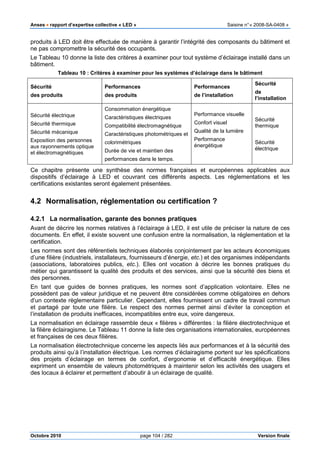 Anses •••• rapport d’expertise collective « LED » Saisine n°« 2008-SA-0408 »
Octobre 2010 page 104 / 282 Version finale
produits à LED doit être effectuée de manière à garantir l’intégrité des composants du bâtiment et
ne pas compromettre la sécurité des occupants.
Le Tableau 10 donne la liste des critères à examiner pour tout système d’éclairage installé dans un
bâtiment.
Tableau 10 : Critères à examiner pour les systèmes d’éclairage dans le bâtiment
Sécurité
des produits
Performances
des produits
Performances
de l’installation
Sécurité
de
l’installation
Sécurité électrique
Sécurité thermique
Sécurité mécanique
Exposition des personnes
aux rayonnements optique
et électromagnétiques
Consommation énergétique
Caractéristiques électriques
Compatibilité électromagnétique
Caractéristiques photométriques et
colorimétriques
Durée de vie et maintien des
performances dans le temps.
Performance visuelle
Confort visuel
Qualité de la lumière
Performance
énergétique
Sécurité
thermique
Sécurité
électrique
Ce chapitre présente une synthèse des normes françaises et européennes applicables aux
dispositifs d’éclairage à LED et couvrant ces différents aspects. Les réglementations et les
certifications existantes seront également présentées.
4.2 Normalisation, réglementation ou certification ?
4.2.1 La normalisation, garante des bonnes pratiques
Avant de décrire les normes relatives à l’éclairage à LED, il est utile de préciser la nature de ces
documents. En effet, il existe souvent une confusion entre la normalisation, la réglementation et la
certification.
Les normes sont des référentiels techniques élaborés conjointement par les acteurs économiques
d’une filière (industriels, installateurs, fournisseurs d’énergie, etc.) et des organismes indépendants
(associations, laboratoires publics, etc.). Elles ont vocation à décrire les bonnes pratiques du
métier qui garantissent la qualité des produits et des services, ainsi que la sécurité des biens et
des personnes.
En tant que guides de bonnes pratiques, les normes sont d’application volontaire. Elles ne
possèdent pas de valeur juridique et ne peuvent être considérées comme obligatoires en dehors
d’un contexte règlementaire particulier. Cependant, elles fournissent un cadre de travail commun
et partagé par toute une filière. Le respect des normes permet ainsi d’éviter la conception et
l’installation de produits inefficaces, incompatibles entre eux, voire dangereux.
La normalisation en éclairage rassemble deux « filières » différentes : la filière électrotechnique et
la filière éclairagisme. Le Tableau 11 donne la liste des organisations internationales, européennes
et françaises de ces deux filières.
La normalisation électrotechnique concerne les aspects liés aux performances et à la sécurité des
produits ainsi qu’à l’installation électrique. Les normes d’éclairagisme portent sur les spécifications
des projets d’éclairage en termes de confort, d’ergonomie et d’efficacité énergétique. Elles
expriment un ensemble de valeurs photométriques à maintenir selon les activités des usagers et
des locaux à éclairer et permettent d’aboutir à un éclairage de qualité.
 