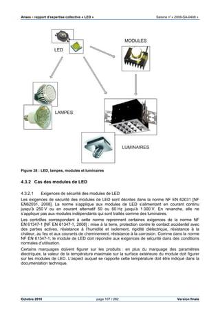 Anses •••• rapport d’expertise collective «
Octobre 2010
Figure 38 : LED, lampes, modules et luminaires
4.3.2 Cas des modules de LED
4.3.2.1 Exigences de sécurité des modules de LED
Les exigences de sécurité des modules de L
EN62031, 2008]. La norme s’applique aux modules de LED s’alimentant en courant continu
jusqu’à 250 V ou en courant alternatif 50 ou 60
s’applique pas aux modules indépe
Les contrôles correspondant à cette norme reprennent certaines exigences de la norme NF
EN 61347-1 [NF EN 61347-1, 2008]
des parties actives, résistance à l’humidité et isolement, rigidité diélectrique, résistance à la
chaleur, au feu et aux courants de chemine
NF EN 61347-1, le module de LED doit répondre aux
normales d’utilisation.
Certains marquages doivent figurer sur les produits
électriques, la valeur de la température maximale sur la surface extérieure du module doit figurer
sur les modules de LED. L’aspect auque
documentation technique.
pport d’expertise collective « LED » Saisine
page 107 / 282
, lampes, modules et luminaires
Cas des modules de LED
Exigences de sécurité des modules de LED
Les exigences de sécurité des modules de LED sont décrites dans la norme NF EN 62031 [NF
EN62031, 2008]. La norme s’applique aux modules de LED s’alimentant en courant continu
V ou en courant alternatif 50 ou 60 Hz jusqu’à 1 000 V. En revanche, elle ne
s’applique pas aux modules indépendants qui sont traités comme des luminaires.
Les contrôles correspondant à cette norme reprennent certaines exigences de la norme NF
1, 2008] : mise à la terre, protection contre le contact accidentel avec
istance à l’humidité et isolement, rigidité diélectrique, résistance à la
chaleur, au feu et aux courants de cheminement, résistance à la corrosion. Comme dans la norme
1, le module de LED doit répondre aux exigences de sécurité dans des condit
Certains marquages doivent figurer sur les produits : en plus du marquage des paramètres
électriques, la valeur de la température maximale sur la surface extérieure du module doit figurer
’aspect auquel se rapporte cette température doit être indiqué dans la
Saisine n°« 2008-SA-0408 »
Version finale
ED sont décrites dans la norme NF EN 62031 [NF
EN62031, 2008]. La norme s’applique aux modules de LED s’alimentant en courant continu
V. En revanche, elle ne
ndants qui sont traités comme des luminaires.
Les contrôles correspondant à cette norme reprennent certaines exigences de la norme NF
: mise à la terre, protection contre le contact accidentel avec
istance à l’humidité et isolement, rigidité diélectrique, résistance à la
Comme dans la norme
xigences de sécurité dans des conditions
: en plus du marquage des paramètres
électriques, la valeur de la température maximale sur la surface extérieure du module doit figurer
e rapporte cette température doit être indiqué dans la
 