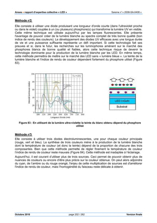 Anses •••• rapport d’expertise collective « LED » Saisine n°« 2008-SA-0408 »
Octobre 2010 page 202 / 282 Version finale
Méthode n°2
Elle consiste à utiliser une diode produisant une longueur d'onde courte (dans l'ultraviolet proche
ou dans le violet) couplée à un (ou plusieurs) phosphore(s) qui transforme la lumière UV en visible.
Cette même technique est utilisée aujourd'hui par les lampes fluorescentes. Elle présente
l'avantage de pouvoir créer de la lumière blanche au spectre complet de très bonne qualité (bon
indice de rendu des couleurs). Le développement des diodes UV efficaces avec une longue durée
de vie et une puissance suffisante représente un défi important. Si cette technologie fait ses
preuves et si, dans le futur, les recherches sur les luminophores amènent sur le marché des
phosphores blancs de bonne qualité et fiables, alors cette technique risque de devenir la
technologie dominante pour la production de la lumière blanche par les LED. En même temps,
cette méthode permettra de mettre sur le marché des LED sans « lumière bleue ». La teinte de la
lumière blanche et l’indice de rendu de couleur dépendent fortement du phosphore utilisé (Figure
83).
Méthode n°3
Elle consiste à utiliser trois diodes électroluminescentes, une pour chaque couleur principale
(rouge, vert et bleu). La synthèse de trois couleurs mène à la production de la lumière blanche
dont la température de couleur (et donc la teinte) dépend de la proportion de chacune des trois
composantes. Bien que cette méthode permette de régler finement la température de couleur
l’indice de rendu de couleur reste mauvais (Figure 84). Cette méthode est inadaptée à l’éclairage.
Aujourd’hui, il est courant d’utiliser plus de trois sources. Ceci permet de pouvoir obtenir plus de
nuances de couleurs ou encore d’être plus précis sur la couleur obtenue. On peut alors adjoindre
du cyan, de l’ambre ou du rouge orangé, l'enjeu de cette multiplication de sources est d'améliorer
l'indice de rendu de couleur, mais l’homogénéité du faisceau reste délicate à obtenir.
Figure 83 : En utilisant de la lumière ultra-violette la teinte du blanc obtenu dépend du phosphore
utilisé
 