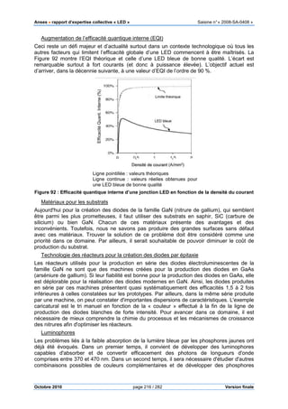 Anses •••• rapport d’expertise collective «
Octobre 2010
Augmentation de l’efficacité quantique interne (EQI)
Ceci reste un défi majeur et d’actualité surtout dans un contexte technologique où tous les
autres facteurs qui limitent l’efficacité globale d’une LED commencent à être maîtrisés. La
Figure 92 montre l’EQI théorique et celle d’une LED
remarquable surtout à fort courants (et donc à puissance élevée). L’objectif actuel est
d’arriver, dans la décennie suivante, à une valeur d’EQI de l’ordre de 90
Ligne pointillée : valeurs théoriques
Ligne continu
une LED bleue de bonne qualité
Figure 92 : Efficacité quantique interne d’une jonction LED en fonction de la densité du courant
Matériaux pour les substrats
Aujourd'hui pour la création des diode
être parmi les plus prometteuses, il faut utiliser des substrats en saphir, SiC (carbure de
silicium) ou bien GaN. Chacun de ces matériaux présente des avantages et des
inconvénients. Toutefois, nous n
avec ces matériaux. Trouver la solution de ce problème doit être considéré comme une
priorité dans ce domaine. Par ailleurs, il serait souhaitable de pouvoir diminuer le coût de
production du substrat.
Technologie des réacteurs pour la création des diodes par épitaxie
Les réacteurs utilisés pour la production en série des diodes électroluminescentes de la
famille GaN ne sont que des machines créées pour la production des diodes en GaAs
(arséniure de gallium). Si leur fiabilité est bonne pour la production des diodes en GaAs, elle
est déplorable pour la réalisation des diodes modernes en GaN. Ainsi, les diodes produites
en série par ces machines présentent quasi systématiquement des efficacités 1,5 à 2 fo
inférieures à celles constatées sur les prototypes. Par ailleurs, dans la même série produite
par une machine, on peut constater d'importantes dispersions de caractéristiques. L'exemple
caricatural est le tri manuel en fonction de la « couleur » effectu
production des diodes blanches de forte intensité. Pour avancer dans ce domaine, il est
nécessaire de mieux comprendre la chimie du processus et les mécanismes de croissance
des nitrures afin d'optimiser les réacteurs.
Luminophores
Les problèmes liés à la faible absorption de la lumière bleue par les phosphores jaunes ont
déjà été évoqués. Dans un premier temps, il convient de développer des luminophores
capables d'absorber et de convertir efficacement des photons de longueurs d'on
comprises entre 370 et 470 nm. Dans un second temps, il sera nécessaire d'étudier d'autres
combinaisons possibles de couleurs complémentaires et de développer des phosphores
pport d’expertise collective « LED » Saisine
page 216 / 282
Augmentation de l’efficacité quantique interne (EQI)
eur et d’actualité surtout dans un contexte technologique où tous les
autres facteurs qui limitent l’efficacité globale d’une LED commencent à être maîtrisés. La
montre l’EQI théorique et celle d’une LED bleue de bonne qualité. L’écart est
remarquable surtout à fort courants (et donc à puissance élevée). L’objectif actuel est
d’arriver, dans la décennie suivante, à une valeur d’EQI de l’ordre de 90 %
Ligne pointillée : valeurs théoriques
Ligne continue : valeurs réelles obtenues pour
une LED bleue de bonne qualité
: Efficacité quantique interne d’une jonction LED en fonction de la densité du courant
Matériaux pour les substrats
Aujourd'hui pour la création des diodes de la famille GaN (nitrure de gallium)
être parmi les plus prometteuses, il faut utiliser des substrats en saphir, SiC (carbure de
silicium) ou bien GaN. Chacun de ces matériaux présente des avantages et des
inconvénients. Toutefois, nous ne savons pas produire des grandes surfaces sans défaut
avec ces matériaux. Trouver la solution de ce problème doit être considéré comme une
priorité dans ce domaine. Par ailleurs, il serait souhaitable de pouvoir diminuer le coût de
Technologie des réacteurs pour la création des diodes par épitaxie
Les réacteurs utilisés pour la production en série des diodes électroluminescentes de la
famille GaN ne sont que des machines créées pour la production des diodes en GaAs
. Si leur fiabilité est bonne pour la production des diodes en GaAs, elle
est déplorable pour la réalisation des diodes modernes en GaN. Ainsi, les diodes produites
en série par ces machines présentent quasi systématiquement des efficacités 1,5 à 2 fo
inférieures à celles constatées sur les prototypes. Par ailleurs, dans la même série produite
par une machine, on peut constater d'importantes dispersions de caractéristiques. L'exemple
caricatural est le tri manuel en fonction de la « couleur » effectué à la fin de la ligne de
production des diodes blanches de forte intensité. Pour avancer dans ce domaine, il est
nécessaire de mieux comprendre la chimie du processus et les mécanismes de croissance
des nitrures afin d'optimiser les réacteurs.
Les problèmes liés à la faible absorption de la lumière bleue par les phosphores jaunes ont
déjà été évoqués. Dans un premier temps, il convient de développer des luminophores
capables d'absorber et de convertir efficacement des photons de longueurs d'on
nm. Dans un second temps, il sera nécessaire d'étudier d'autres
combinaisons possibles de couleurs complémentaires et de développer des phosphores
Saisine n°« 2008-SA-0408 »
Version finale
eur et d’actualité surtout dans un contexte technologique où tous les
autres facteurs qui limitent l’efficacité globale d’une LED commencent à être maîtrisés. La
bleue de bonne qualité. L’écart est
remarquable surtout à fort courants (et donc à puissance élevée). L’objectif actuel est
%.
: Efficacité quantique interne d’une jonction LED en fonction de la densité du courant
gallium), qui semblent
être parmi les plus prometteuses, il faut utiliser des substrats en saphir, SiC (carbure de
silicium) ou bien GaN. Chacun de ces matériaux présente des avantages et des
e savons pas produire des grandes surfaces sans défaut
avec ces matériaux. Trouver la solution de ce problème doit être considéré comme une
priorité dans ce domaine. Par ailleurs, il serait souhaitable de pouvoir diminuer le coût de
Les réacteurs utilisés pour la production en série des diodes électroluminescentes de la
famille GaN ne sont que des machines créées pour la production des diodes en GaAs
. Si leur fiabilité est bonne pour la production des diodes en GaAs, elle
est déplorable pour la réalisation des diodes modernes en GaN. Ainsi, les diodes produites
en série par ces machines présentent quasi systématiquement des efficacités 1,5 à 2 fois
inférieures à celles constatées sur les prototypes. Par ailleurs, dans la même série produite
par une machine, on peut constater d'importantes dispersions de caractéristiques. L'exemple
é à la fin de la ligne de
production des diodes blanches de forte intensité. Pour avancer dans ce domaine, il est
nécessaire de mieux comprendre la chimie du processus et les mécanismes de croissance
Les problèmes liés à la faible absorption de la lumière bleue par les phosphores jaunes ont
déjà été évoqués. Dans un premier temps, il convient de développer des luminophores
capables d'absorber et de convertir efficacement des photons de longueurs d'onde
nm. Dans un second temps, il sera nécessaire d'étudier d'autres
combinaisons possibles de couleurs complémentaires et de développer des phosphores
 