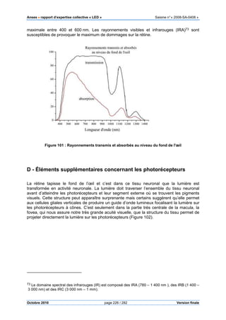 Anses •••• rapport d’expertise collective « LED » Saisine n°« 2008-SA-0408 »
Octobre 2010 page 226 / 282 Version finale
maximale entre 400 et 600 nm. Les rayonnements visibles et infrarouges (IRA)73 sont
susceptibles de provoquer le maximum de dommages sur la rétine.
Figure 101 : Rayonnements transmis et absorbés au niveau du fond de l'œil
D - Éléments supplémentaires concernant les photorécepteurs
La rétine tapisse le fond de l’œil et c’est dans ce tissu neuronal que la lumière est
transformée en activité neuronale. La lumière doit traverser l’ensemble du tissu neuronal
avant d’atteindre les photorécepteurs et leur segment externe où se trouvent les pigments
visuels. Cette structure peut apparaître surprenante mais certains suggèrent qu’elle permet
aux cellules gliales verticales de produire un guide d’onde lumineux focalisant la lumière sur
les photorécepteurs à cônes. C’est seulement dans la partie très centrale de la macula, la
fovea, qui nous assure notre très grande acuité visuelle, que la structure du tissu permet de
projeter directement la lumière sur les photorécepteurs (Figure 102).
73 Le domaine spectral des infrarouges (IR) est composé des IRA (780 – 1 400 nm ), des IRB (1 400 –
3 000 nm) et des IRC (3 000 nm – 1 mm).
 