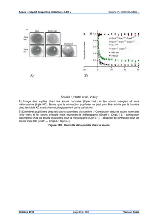 Anses •••• rapport d’expertise collective « LED » Saisine n°« 2008-SA-0408 »
Octobre 2010 page 234 / 282 Version finale
Source : [Hattar et al., 2003]
A) Image des pupilles chez les souris normales (triple Het.) et les souris aveugles et sans
mélanopsine (triple KO). Notez que la contraction pupillaire ne peut pas être induite par la lumière
chez les triple KO mais pharmacologiquement par le carbachol.
B) Diamètres pupillaires chez les souris soumises à la lumière : -Contraction chez les souris normales
(wild type) et les souris aveugle mais exprimant la mélanopsine (Gnat1-/- Cnga3-/-), - contraction
incomplète chez les souris invalidées pour la mélanopsine (Opn4-/-), - absence de contration pour les
souris triple KO (Gnat1-/- Cnga3-/- Opn4-/-).
Figure 106 : Contrôle de la pupille chez la souris
 