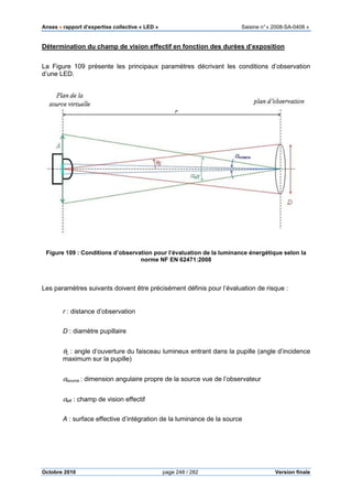 Anses •••• rapport d’expertise collective « LED » Saisine n°« 2008-SA-0408 »
Octobre 2010 page 248 / 282 Version finale
Détermination du champ de vision effectif en fonction des durées d’exposition
La Figure 109 présente les principaux paramètres décrivant les conditions d’observation
d’une LED.
Figure 109 : Conditions d’observation pour l’évaluation de la luminance énergétique selon la
norme NF EN 62471:2008
Les paramètres suivants doivent être précisément définis pour l’évaluation de risque :
r : distance d’observation
D : diamètre pupillaire
θL : angle d’ouverture du faisceau lumineux entrant dans la pupille (angle d’incidence
maximum sur la pupille)
αsource : dimension angulaire propre de la source vue de l’observateur
αeff : champ de vision effectif
A : surface effective d’intégration de la luminance de la source
 
