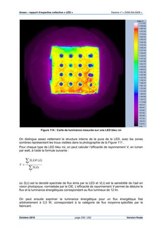 Anses •••• rapport d’expertise collective « LED » Saisine n°« 2008-SA-0408 »
Octobre 2010 page 256 / 282 Version finale
Figure 114 : Carte de luminance mesurée sur une LED bleu roi
On distingue assez nettement la structure interne de la puce de la LED, avec les zones
sombres représentant les trous visibles dans la photographie de la Figure 111 .
Pour chaque type de LED bleu roi, on peut calculer l’efficacité de rayonnement V, en lumen
par watt, à l’aide la formule suivante :
∑
∑
=
λ
λ
λ
λλ
)(
)()(
S
VS
V
où S(λ) est la densité spectrale de flux émis par la LED et V(λ) est la sensibilité de l’œil en
vision photopique, normalisée par la CIE. L’efficacité de rayonnement V permet de déduire le
flux et la luminance énergétiques correspondant au flux lumineux de 12 lm.
On peut ensuite exprimer la luminance énergétique pour un flux énergétique fixé
arbitrairement à 0,5 W, correspondant à la catégorie de flux moyenne spécifiée par le
fabricant.
 