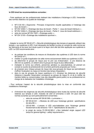 Anses •••• rapport d’expertise collective « LED » Saisine n°« 2008-SA-0408 »
Octobre 2010 page 24 / 282 Version finale
le CES émet les recommandations suivantes :
- Faire appliquer par les professionnels réalisant des installations d’éclairage à LED, l’ensemble
des normes relatives à la qualité de l’éclairage :
• NF X 35-103 « Ergonomie : Principes d´ergonomie visuelle applicables à l´éclairage des
lieux de travail » ;
• NF EN 12464-1 « Éclairage des lieux de travail – Partie 1 : Lieux de travail intérieurs » ;
• NF EN 12464-2 « Éclairage des lieux de travail – Partie 2 : Lieux de travail extérieurs » ;
• série de normes NF EN 13201 « Éclairage public » ;
• NF EN 12193 « Éclairage des installations sportives ».
- Adapter la norme NF EN 62 471 « Sécurité photobiologique des lampes et appareils utilisant des
lampes » aux systèmes à LED. Il est nécessaire de faciliter la prise en compte de cette norme par
les fabricants et de lever tout doute quant à la façon dont elle doit être appliquée aux systèmes à
LED. Le CES recommande ainsi :
• de préciser les conditions de mesure et d’évaluation des systèmes à LED dans la norme
NF EN 62 471 ;
• d’éditer un guide d’application de cette norme exclusivement dédié aux systèmes à LED ;
• de déterminer le groupe de risque pour le pire cas d’observation : à une distance de
200 mm du système, on obtient ainsi le groupe de risque le plus défavorable ;
• d’adapter la norme aux enfants, personnes aphakes ou pseudophakes, en prenant en
compte la courbe de phototoxicité de la lumière pertinente proposée par l’Icnirp ;
• de proposer pour chaque groupe de risque des sous-groupes de risque qui permettraient
d’affiner l’évaluation du risque en fonction des temps d’exposition ;
• dans le cas de groupes de risque supérieurs à 0, d’évaluer les distances de sécurité
(distance à laquelle l’observation correspond au groupe de risque 0), et de le notifier de
manière lisible au consommateur (cas des dispositifs grand public) ou au professionnel en
charge de la réalisation de l’installation d’éclairage.
- Pour renforcer l’aspect de la sécurité photobiologique dans la mise en conformité des
installations d’éclairage :
• d’introduire les exigences de sécurité photobiologique dans toutes les normes de sécurité
relatives aux lampes à LED, modules de LED et luminaires à LED. On peut citer les
normes suivantes qui sont particulièrement concernées :
o série de normes NF EN 60 598 « Luminaires » ;
o NF EN 62 031 : « Modules de LED pour l’éclairage général : spécifications
de sécurité » ;
o CEI 62 560 : « Lampes à LED auto-ballastées pour l'éclairage général
fonctionnant à des tensions > 50 V - Spécifications de sécurité » ;
o le projet de norme Pr CEI 62 663-1 « Non ballasted single capped LED
lamps for general lighting – safety requirements ».
 