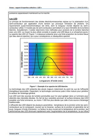Anses •••• rapport d’expertise collective « LED » Saisine n°« 2008-SA-0408 »
Octobre 2010 page 39 / 282 Version finale
puissance apparaissent maintenant sur le marché.
Les LED
Le principe de fonctionnement des diodes électroluminescentes repose sur la polarisation d’un
semi-conducteur par application d’une tension qui provoque l’émission de photons. Un
rayonnement quasi-monochromatique est émis, dont la longueur d’onde dépend du semi-
conducteur utilisé. Il n’existe pas de semi-conducteur permettant à lui seul d’émettre de la lumière
blanche. Actuellement, il existe néanmoins trois méthodes pour produire de la lumière blanche
avec une LED. Le moyen le plus utilisé consiste à coupler une LED bleue à un phosphore jaune.
Le spectre des LED (cf. Figure 1 ci-dessous) présente ainsi une forte proportion de lumière bleue
(pic bleu dans le spectre), qui a pour conséquence un déséquilibre spectral.
Figure 1 : Exemple d’un spectre de LED blanche
La technologie des LED présente des atouts majeurs notamment du point de vue de l’efficacité
énergétique escomptée. Cependant, la technologie commence juste à être mature pour pénétrer
le secteur de l’éclairage général.
Les LED sont des sources de lumière ponctuelles que l’on peut agréger dans un luminaire pour
atteindre des intensités élevées. Du fait de leur caractère ponctuel, la surface émissive des LED
possède une forte luminance, au moins 1 000 fois plus élevée que celle d’une source d’éclairage
traditionnelle.
L’efficacité des LED dépend de plusieurs paramètres : température de la jonction entre les semi-
conducteurs qui la composent, courant qui la traverse, surface de la jonction et géométrie de la
puce, longueur d’onde d’émission. Le facteur le plus crucial est la température de la jonction, les
performances des LED diminuant rapidement avec l’augmentation de la température, ce qui influe
 