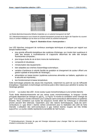 Anses •••• rapport d’expertise collective «
Octobre 2010
(a) Diode électroluminescente AlGaAs implantée sur un substrat transparent de GaP
(b) L’électroluminescence vue à travers le substrat transparent provient de la région de l’injection
sous un contact métallique qui se situe sur la face arrière du substrat transparent.
Figure
Les LED blanches conjuguent de nombreux avantages
lampes traditionnelles :
• plus grande efficacité énergétique des systèmes d'éclairage, qui s’avère bien supérieure à
celle des lampes à incandescence et s’approche désormais de celle des lampes
fluorescentes compactes
• plus longue durée de vie et don
• compacité et robustesse ;
• miniaturisation des équipements
• bien adaptées aux chaînes d’assemblage automatique
• variation d’ambiance à volonté (facilité de gradation et changement de couleur offrant une
gestion spatiale et tempore
• alimentation en basse tension (systèmes autonomes alimentés sur batterie, application où
la sécurité est importante)
• bon fonctionnement à basse température.
Cette technologie présente des atouts
énergétique. Cependant, la technologie commence juste à être mature pour pénétrer le secteur de
l’éclairage général.
2.2.3.2 La couleur des LED : d’une couleur quasi monochromatique à une lumière blanche
Toute diode électroluminescente est p
principale dépendant de l’énergie du
gap37 et la longueur d’onde d’émission pour quelques semi
binaires. Nous constatons que toutes les longueurs d’onde allant de l’infrarouge à l’ultraviolet
proche peuvent être obtenues. Cependant, pour des raisons technologiques, seuls les semi
conducteurs à « gap direct » (barres ve
intensité. L’utilisation des semi
aujourd’hui. La courbe violette représente la sensibilité de l’œil humain.
37 Schématiquement, l’énergie de
d’isolant à conducteur de courant.
pport d’expertise collective « LED » Saisine
page 53 / 282
iode électroluminescente AlGaAs implantée sur un substrat transparent de GaP
L’électroluminescence vue à travers le substrat transparent provient de la région de l’injection
sous un contact métallique qui se situe sur la face arrière du substrat transparent.
Figure 9 : Illustration d’une « homo-jonction »
blanches conjuguent de nombreux avantages techniques et pratiques
plus grande efficacité énergétique des systèmes d'éclairage, qui s’avère bien supérieure à
celle des lampes à incandescence et s’approche désormais de celle des lampes
;
plus longue durée de vie et donc moins de maintenance ;
;
miniaturisation des équipements ;
bien adaptées aux chaînes d’assemblage automatique ;
variation d’ambiance à volonté (facilité de gradation et changement de couleur offrant une
gestion spatiale et temporelle de l’éclairage) ;
alimentation en basse tension (systèmes autonomes alimentés sur batterie, application où
la sécurité est importante) ;
bon fonctionnement à basse température.
Cette technologie présente des atouts très importants, notamment du point d
énergétique. Cependant, la technologie commence juste à être mature pour pénétrer le secteur de
: d’une couleur quasi monochromatique à une lumière blanche
luminescente est par nature quasi monochromatique
de l’énergie du gap Eg. La Figure 10 montre la corrélation entre l’énergie de
et la longueur d’onde d’émission pour quelques semi-conducteurs élémentaires et systèmes
binaires. Nous constatons que toutes les longueurs d’onde allant de l’infrarouge à l’ultraviolet
. Cependant, pour des raisons technologiques, seuls les semi
» (barres vertes) conviennent pour la réalisation des
intensité. L’utilisation des semi-conducteurs à gap indirect (barres rouges) est très limitée
aujourd’hui. La courbe violette représente la sensibilité de l’œil humain.
Schématiquement, l’énergie de gap est l’énergie nécessaire pour changer l’état d
Saisine n°« 2008-SA-0408 »
Version finale
iode électroluminescente AlGaAs implantée sur un substrat transparent de GaP.
L’électroluminescence vue à travers le substrat transparent provient de la région de l’injection du courant
techniques et pratiques par rapport aux
plus grande efficacité énergétique des systèmes d'éclairage, qui s’avère bien supérieure à
celle des lampes à incandescence et s’approche désormais de celle des lampes
variation d’ambiance à volonté (facilité de gradation et changement de couleur offrant une
alimentation en basse tension (systèmes autonomes alimentés sur batterie, application où
notamment du point de vue de l’efficacité
énergétique. Cependant, la technologie commence juste à être mature pour pénétrer le secteur de
: d’une couleur quasi monochromatique à une lumière blanche
ar nature quasi monochromatique, la longueur d’onde
montre la corrélation entre l’énergie de
teurs élémentaires et systèmes
binaires. Nous constatons que toutes les longueurs d’onde allant de l’infrarouge à l’ultraviolet
. Cependant, pour des raisons technologiques, seuls les semi-
rtes) conviennent pour la réalisation des LED de forte
conducteurs à gap indirect (barres rouges) est très limitée
est l’énergie nécessaire pour changer l’état du semi-conducteur
 