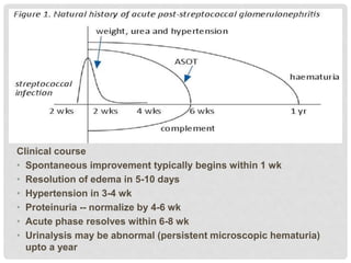 Clinical course
• Spontaneous improvement typically begins within 1 wk
• Resolution of edema in 5-10 days
• Hypertension in 3-4 wk
• Proteinuria -- normalize by 4-6 wk
• Acute phase resolves within 6-8 wk
• Urinalysis may be abnormal (persistent microscopic hematuria)
upto a year
 