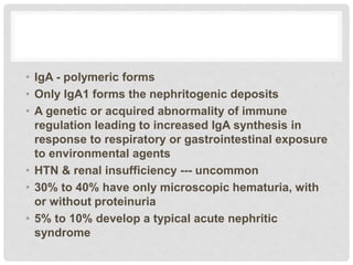 • IgA - polymeric forms
• Only IgA1 forms the nephritogenic deposits
• A genetic or acquired abnormality of immune
regulation leading to increased IgA synthesis in
response to respiratory or gastrointestinal exposure
to environmental agents
• HTN & renal insufficiency --- uncommon
• 30% to 40% have only microscopic hematuria, with
or without proteinuria
• 5% to 10% develop a typical acute nephritic
syndrome
 