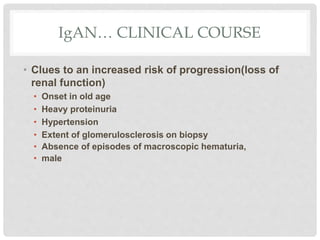 IgAN… CLINICAL COURSE
• Clues to an increased risk of progression(loss of
renal function)
• Onset in old age
• Heavy proteinuria
• Hypertension
• Extent of glomerulosclerosis on biopsy
• Absence of episodes of macroscopic hematuria,
• male
 