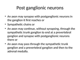 Post ganglionic neurons
• An axon may synapse with postganglionic neurons in
the ganglion it first reaches or
• Sympathetic chains or
• An axon may continue, without synapsing, through the
sympathetic trunk ganglion to end at a prevertebral
ganglion and synapse with postganglionic neurons
there or
• An axon may pass through the sympathetic trunk
ganglion and a prevertebral ganglion and then to the
adrenal medulla.
 