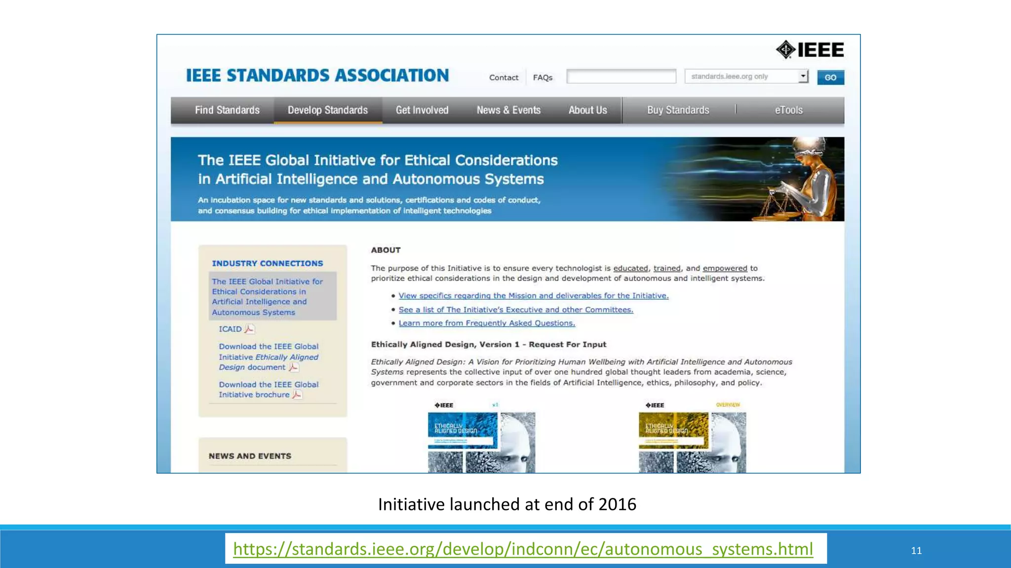 11
Initiative launched at end of 2016
https://standards.ieee.org/develop/indconn/ec/autonomous_systems.html
 