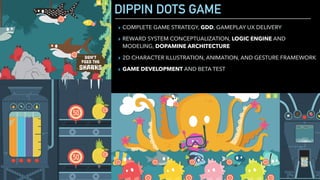 DIPPIN DOTS GAME
▸ COMPLETE GAME STRATEGY, GDD, GAMEPLAY UX DELIVERY
▸ REWARD SYSTEM CONCEPTUALIZATION, LOGIC ENGINE AND
MODELING, DOPAMINE ARCHITECTURE
▸ 2D CHARACTER ILLUSTRATION, ANIMATION, AND GESTURE FRAMEWORK
▸ GAME DEVELOPMENT AND BETA TEST
 