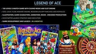 LEGEND OF ACE
▸ 100 LEVELS 3-MATCH GAME WITH CASINO MODE AND SLOT ENGINE
▸ GDD, LOGIC FLOW, REWARD ENGINE, REDEEM & IN-APP PURCHASE ANCHOR RULES
▸ ILLUSTRATION, GAME CHARACTERS, ANIMATION, MUSIC - END2END PRODUCTION
▸ KICKSTARTER LAUNCH STRATEGY AND EXECUTION
▸ GAME DEVELOPMENT AND LAUNCH - IN 6 MONTHS!
 