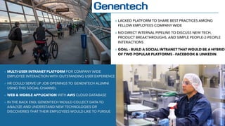 ▸ LACKED PLATFORM TO SHARE BEST PRACTICES AMONG
FELLOW EMPLOYEES COMPANY WIDE
▸ NO DIRECT INTERNAL PIPELINE TO DISCUSS NEW TECH,
PRODUCT BREAKTHROUGHS, AND SIMPLE PEOPLE-2-PEOPLE
INTERACTIONS
▸ GOAL - BUILD A SOCIAL INTRANET THAT WOULD BE A HYBRID
OF TWO POPULAR PLATFORMS - FACEBOOK & LINKEDIN
▸ MULTI-USER INTRANET PLATFORM FOR COMPANY WIDE
EMPLOYEE INTERACTION WITH OUTSTANDING USER EXPERIENCE
▸ HR COULD SERVE UP JOB OPENINGS TO GENENTECH ALUMNI
USING THIS SOCIAL CHANNEL
▸ WEB & MOBILE APPLICATION WITH AWS CLOUD DATABASE
▸ IN THE BACK END, GENENTECH WOULD COLLECT DATA TO
ANALYZE AND UNDERSTAND NEW TECHNOLOGIES OR
DISCOVERIES THAT THEIR EMPLOYEES WOULD LIKE TO PURSUE
 