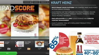 ▸ MULTI-TENANT SALES PLATFORM FOR COMPANY WIDE SALES FORCE
IN FOOD SERVICE DIVISION
▸ SALES PEOPLE USE THE PLATFORM FOR PRODUCT DEMO, DELIVER
MARKETING COLLATERALS, MANAGE ORDERS, PROMOTE MEDIA,
TRACK PROSPECT INTERESTS
▸ IPAD APPLICATION WITH AWS CLOUD STORAGE AND CURATED
CONTENT MANAGEMENT
▸ SALES PLANNING TOOL WITH INTELLIGENT PRODUCT PITCH
RECOMMENDATIONS
KRAFT HEINZ
IPAD
 