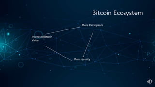 Bitcoin Ecosystem
More Participants
More security
Increased Bitcoin
Value
 