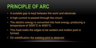 PRINCIPLE OF ARC
• A suitable gap is kept between the work and electrode
• A high current is passed through the circuit.
• The electric energy is converted into heat energy, producing a
temperature of 3000°C to 4000°C.
• This heat melts the edges to be welded and molten pool is
formed.
• On solidification the welding joint is obtained
 