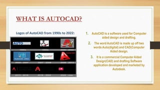WHAT IS AUTOCAD?
Logos of AutoCAD from 1990s to 2022: 1. AutoCAD is a software used for Computer
aided design and drafting.
2. The word AutoCAD is made up off two
words Auto(digital) and CAD(Computer
Aided design.
3. It is a commercial Computer Aided
Design(CAD) and drafting Software
application developed and marketed by
Autodesk.
 