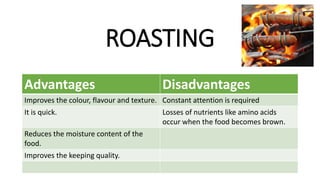 ROASTING
Advantages Disadvantages
Improves the colour, flavour and texture. Constant attention is required
It is quick. Losses of nutrients like amino acids
occur when the food becomes brown.
Reduces the moisture content of the
food.
Improves the keeping quality.
 