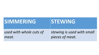 SIMMERING STEWING
used with whole cuts of
meat.
stewing is used with small
pieces of meat.
 