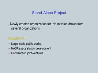 Stand-Alone Project
- Newly created organization for this mission drawn from
several organizations
EXAMPLES:
 Large-scale public works
 NASA space station development
 Construction joint-ventures
 