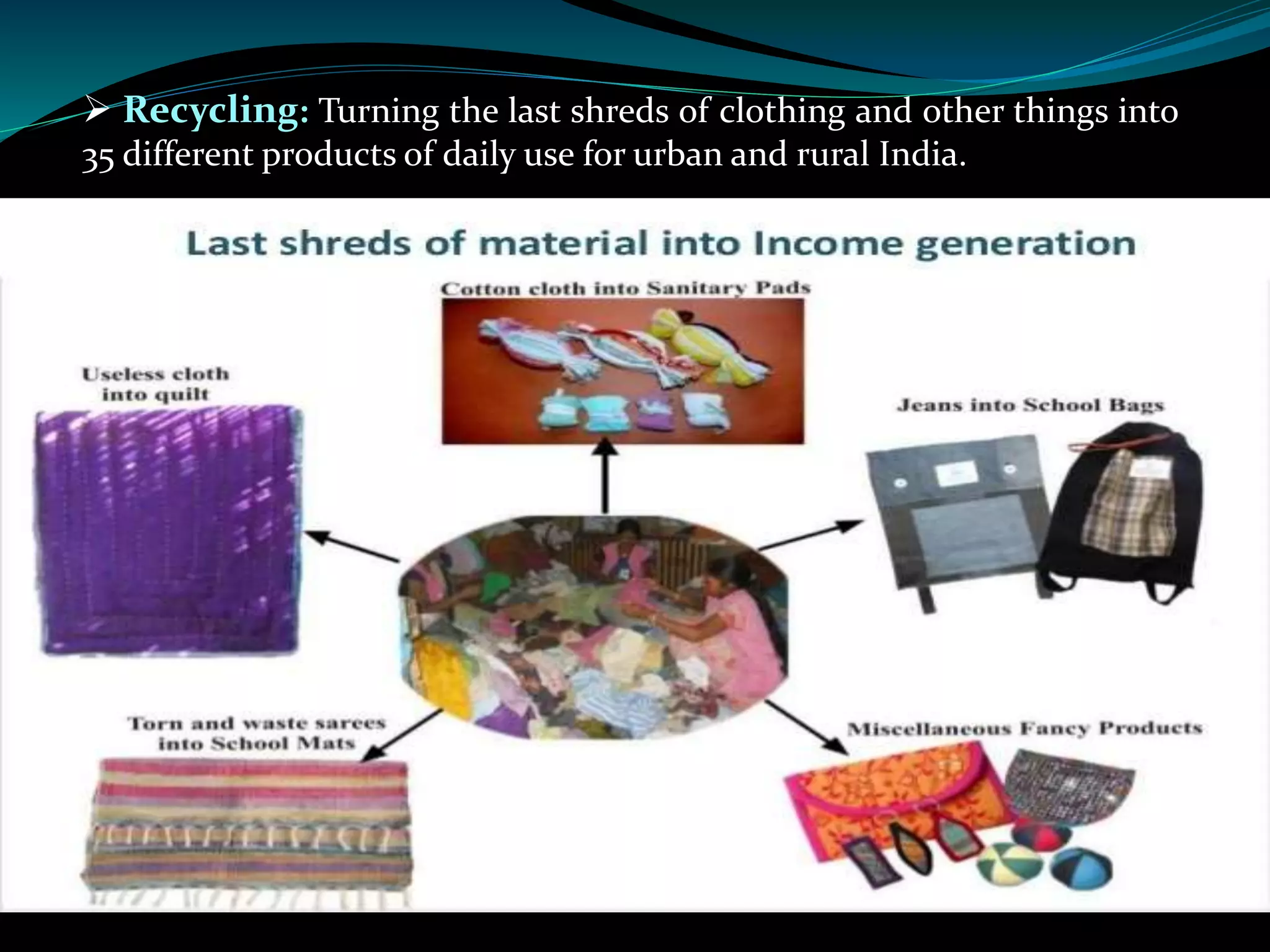  Recycling: Turning the last shreds of clothing and other things into
35 different products of daily use for urban and rural India.
 