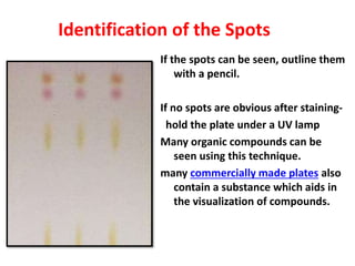 Identification of the Spots
If the spots can be seen, outline them
with a pencil.
If no spots are obvious after staining-
hold the plate under a UV lamp
Many organic compounds can be
seen using this technique.
many commercially made plates also
contain a substance which aids in
the visualization of compounds.
 
