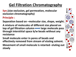 Gel Filtration Chromatography
Syn.(size exclusion, gel permeation, molecular
exclusion chromatography)
Principle :
Separation based on –molecular size, shape, weight.
A mixture of molecules of different size placed on
top of gel filtration column large molecule pass
through interstitial space b/w beads without any
resistance
Small molecule enter in pores of beads and
effectively removed from stream of eluting solvent.
Movement of small molecule is retarted- eluting out
slowly
 