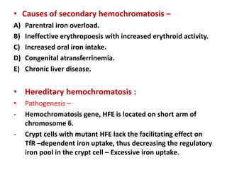 • Causes of secondary hemochromatosis –
A) Parentral iron overload.
B) Ineffective erythropoesis with increased erythroid activity.
C) Increased oral iron intake.
D) Congenital atransferrinemia.
E) Chronic liver disease.
• Hereditary hemochromatosis :
• Pathogenesis –
- Hemochromatosis gene, HFE is located on short arm of
chromosome 6.
- Crypt cells with mutant HFE lack the facilitating effect on
TfR –dependent iron uptake, thus decreasing the regulatory
iron pool in the crypt cell – Excessive iron uptake.
 