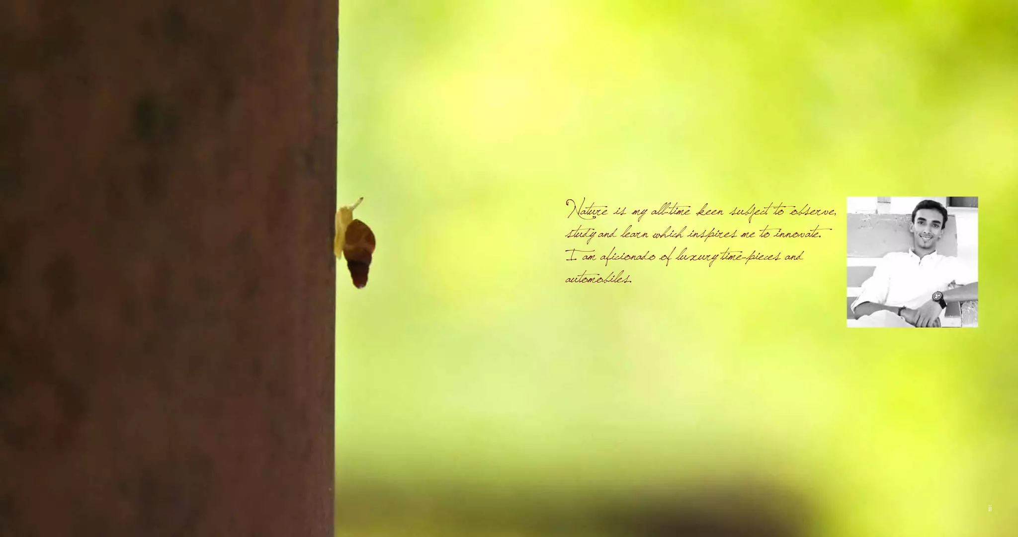 “Nature is my all-time keen subject to observe,
study and learn which inspires me to innovate.
I am aficionado of luxury time-pieces and
automobiles.

ii

 