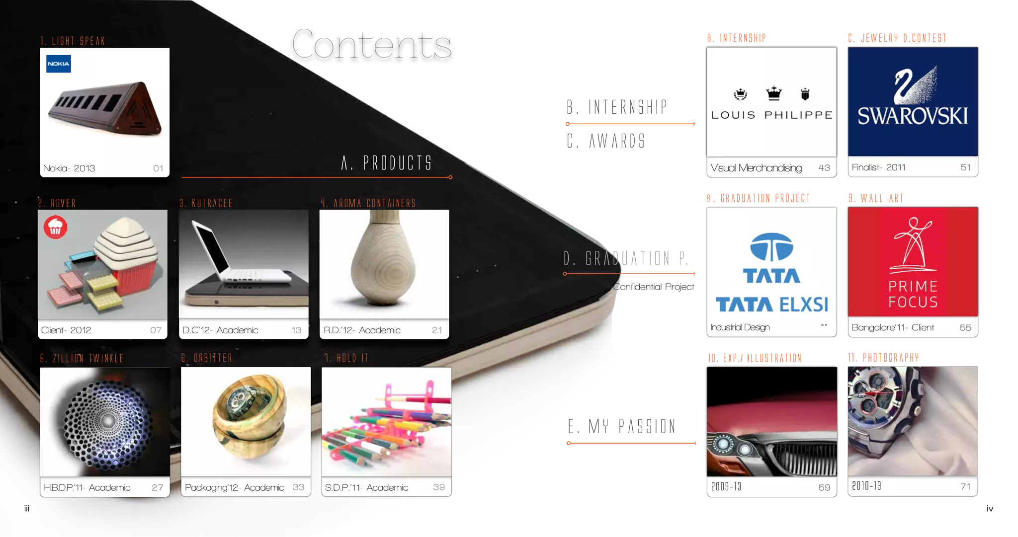 1. Oculus Watch

1.b. eklipsys Watch

Contents

2. Light Speak

B. internship

C. Jewelry d.contest

B. internship
C. awards
Oculus Watch- 2013

01

3. rover

Chopard- 2013

11

4. kutracee

Client Project- 2013

21

a. products

Visual Merchandising

63

9. Graduation Project

5. aroma containers

Finalist- 2011

71

10. wall art

D. Graduation P.
Confidential Project

Client Project-

27

D.C’12- Academic

33

7. orbitter

6. zillion twinkle

R.D.’12- Academic

Industrial Design

41

8. hold it

**

Bangalore’11- Client

75

12. photography

11. exp./ Illustration

E. my passion
H.B.D.P.’11- Academic
iii

47

Packaging’12- Academic 53

S.D.P.’11- Academic

59

2009-13

79

2010-13

89
iv

 