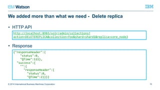 We added more than what we need - Delete replica
• HTTP API
• Response
© 2014 International Business Machines Corporation 10
http://localhost:8983/solr/admin/collections?action=DELETEREPLICA&collection
=foo&shard=shard1&replica=core_node3
{"responseHeader":{
"status":0,
"QTime":111},
"success":{
"":{
"responseHeader":{
"status":0,
"QTime":2}}}}
 