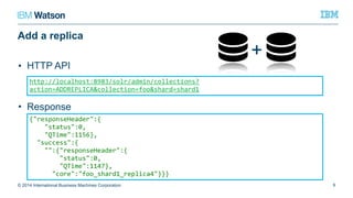 Add a replica
• HTTP API
• Response
© 2014 International Business Machines Corporation 9
http://localhost:8983/solr/admin/collections?action=ADDREPLICA&collection=fo
o&shard=shard1
{"responseHeader":{
"status":0,
"QTime":1156},
"success":{
"":{"responseHeader":{
"status":0,
"QTime":1147},
"core":"foo_shard1_replica4"}}}
+
 