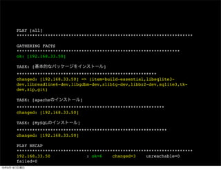 PLAY [all]
********************************************************************
GATHERING FACTS
***************************************************************
ok: [192.168.33.50]
TASK: [基本的なパッケージをインストール]
******************************************************
changed: [192.168.33.50] => (item=build-essential,libsqlite3-
dev,libreadline6-dev,libgdbm-dev,zlib1g-dev,libbz2-dev,sqlite3,tk-
dev,zip,git)
TASK: [apacheのインストール]
*********************************************************
changed: [192.168.33.50]
TASK: [MySQLのインストール]
**********************************************************
changed: [192.168.33.50]
PLAY RECAP
********************************************************************
192.168.33.50 : ok=6 changed=3 unreachable=0
failed=0
13年9月15日日曜日
 