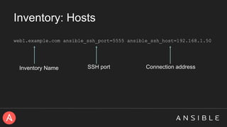 Inventory: Hosts
web1.example.com ansible_ssh_port=5555 ansible_ssh_host=192.168.1.50
Inventory Name SSH port Connection address
 