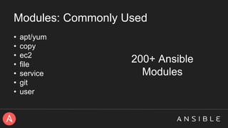 Modules: Commonly Used
• apt/yum
• copy
• ec2
• file
• service
• git
• user
200+ Ansible
Modules
 