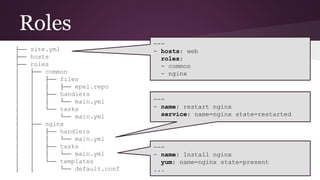 Roles
├── site.yml
├── hosts
├── roles
│ ├── common
│ │ ├── files
│ │ │ ├── epel.repo
│ │ ├── handlers
│ │ │ └── main.yml
│ │ └── tasks
│ │ └── main.yml
│ ├── nginx
│ │ ├── handlers
│ │ │ └── main.yml
│ │ ├── tasks
│ │ │ └── main.yml
│ │ └── templates
│ │ └── default.conf
---
- hosts: web
roles:
- common
- nginx
---
- name: restart nginx
service: name=nginx state=restarted
---
- name: Install nginx
yum: name=nginx state=present
...
 